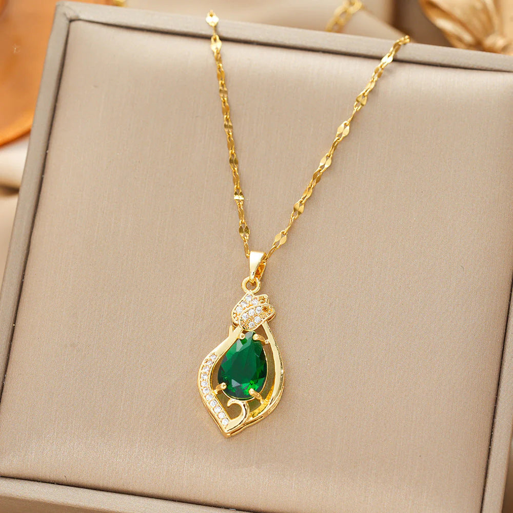 Gold Emerald Teardrop Pendant Necklace