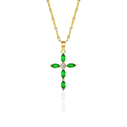 Gold Emerald Marquise Cross Necklace
